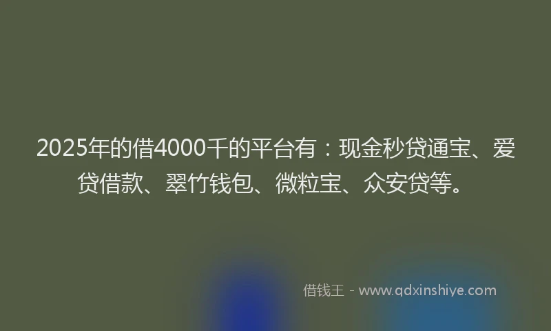 2025年的借4000千的平台有：现金秒贷通宝、爱贷借款、翠竹钱包、微粒宝、众安贷等。
