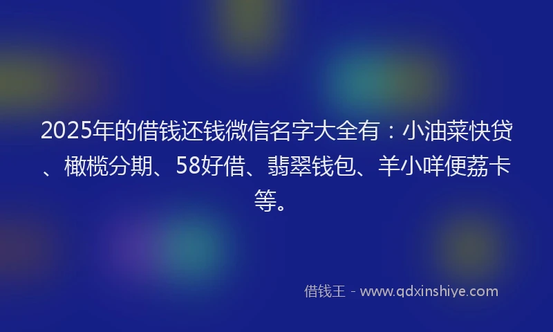2025年的借钱还钱微信名字大全有：小油菜快贷、橄榄分期、58好借、翡翠钱包、羊小咩便荔卡等。