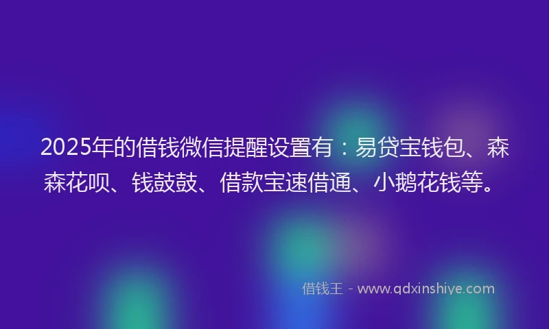 2025年的借钱微信提醒设置有：易贷宝钱包、森森花呗、钱鼓鼓、借款宝速借通、小鹅花钱等。