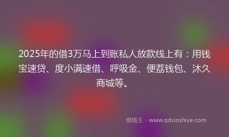 2025年的借3万马上到账私人放款线上有：用钱宝速贷、度小满速借、呼吸金、便荔钱包、沐久商城等。