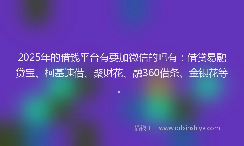 2025年的借钱平台有要加微信的吗有：借贷易融贷宝、柯基速借、聚财花、融360借条、金银花等。