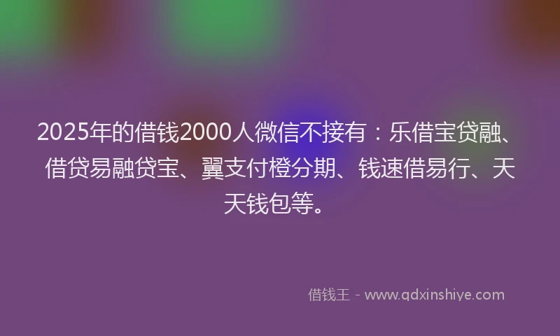 2025年的借钱2000人微信不接有：乐借宝贷融、借贷易融贷宝、翼支付橙分期、钱速借易行、天天钱包等。