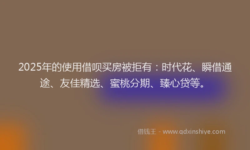 2025年的使用借呗买房被拒有：时代花、瞬借通途、友佳精选、蜜桃分期、臻心贷等。