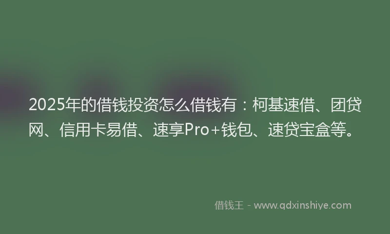 2025年的借钱投资怎么借钱有：柯基速借、团贷网、信用卡易借、速享Pro+钱包、速贷宝盒等。