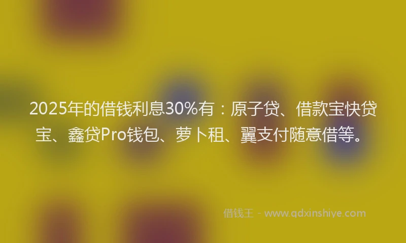2025年的借钱利息30%有：原子贷、借款宝快贷宝、鑫贷Pro钱包、萝卜租、翼支付随意借等。