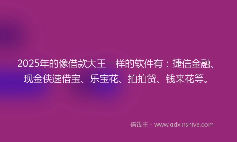 2025年的像借款大王一样的软件有：捷信金融、现金侠速借宝、乐宝花、拍拍贷、钱来花等。