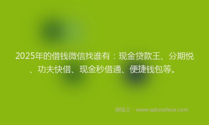 2025年的借钱微信找谁有：现金贷款王、分期悦、功夫快借、现金秒借通、便捷钱包等。