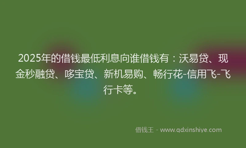 2025年的借钱最低利息向谁借钱有：沃易贷、现金秒融贷、哆宝贷、新机易购、畅行花-信用飞-飞行卡等。