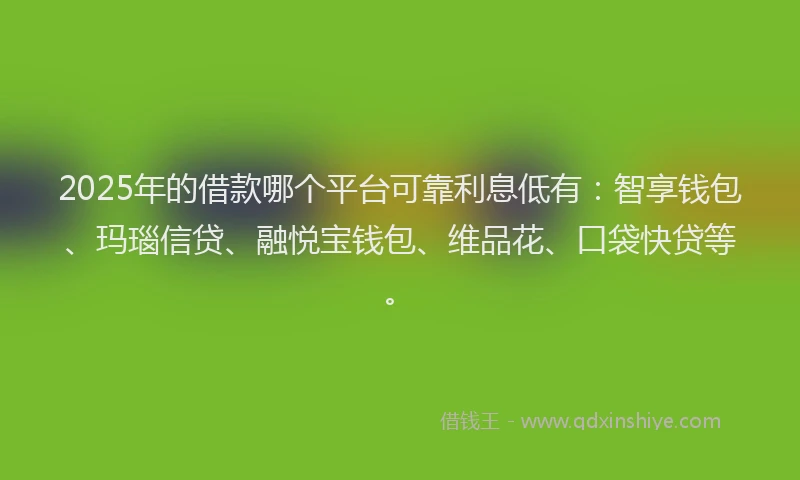 2025年的借款哪个平台可靠利息低有：智享钱包、玛瑙信贷、融悦宝钱包、维品花、口袋快贷等。