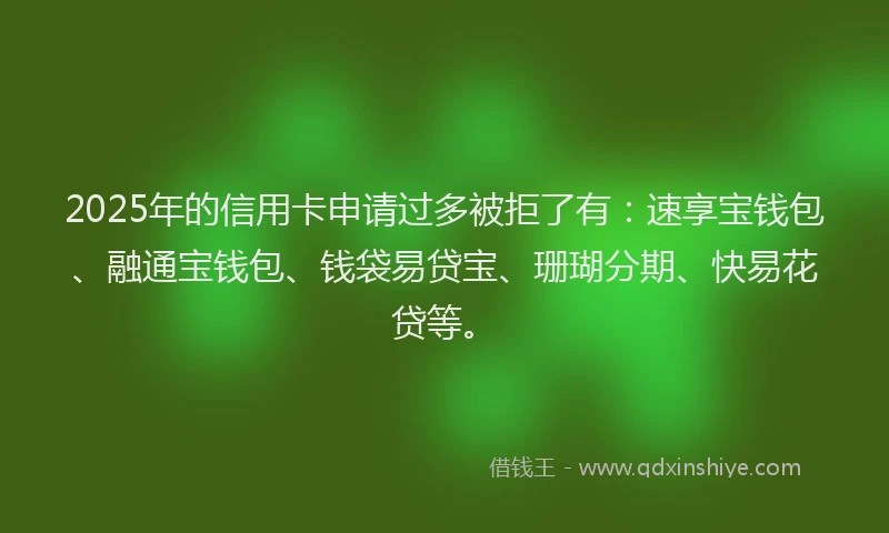 2025年的信用卡申请过多被拒了有：速享宝钱包、融通宝钱包、钱袋易贷宝、珊瑚分期、快易花贷等。