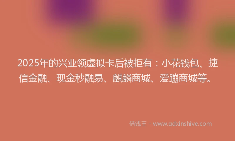 2025年的兴业领虚拟卡后被拒有：小花钱包、捷信金融、现金秒融易、麒麟商城、爱蹦商城等。