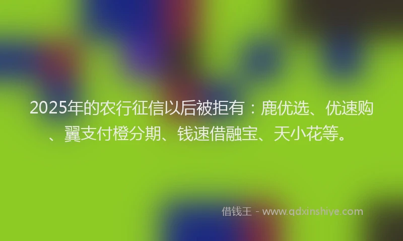 2025年的农行征信以后被拒有：鹿优选、优速购、翼支付橙分期、钱速借融宝、天小花等。