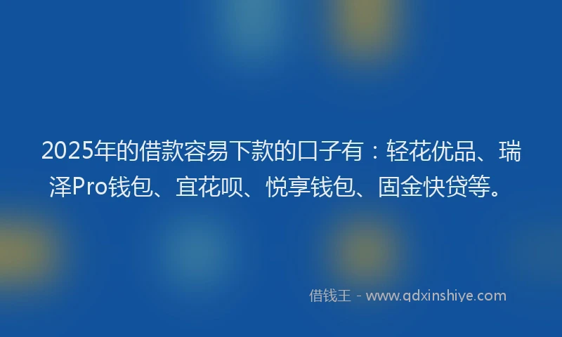 2025年的借款容易下款的口子有：轻花优品、瑞泽Pro钱包、宜花呗、悦享钱包、固金快贷等。