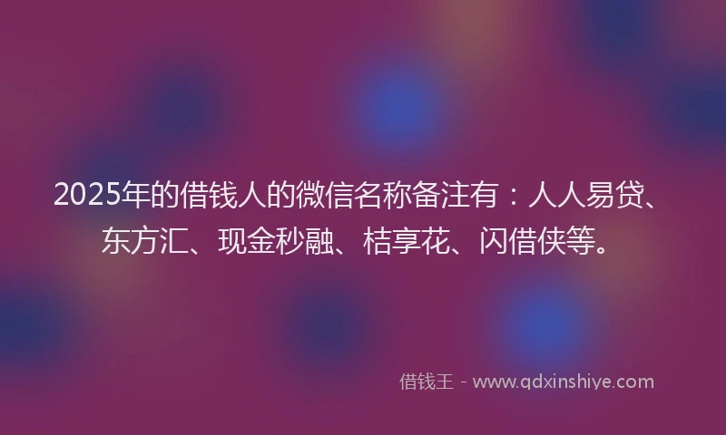 2025年的借钱人的微信名称备注有：人人易贷、东方汇、现金秒融、桔享花、闪借侠等。