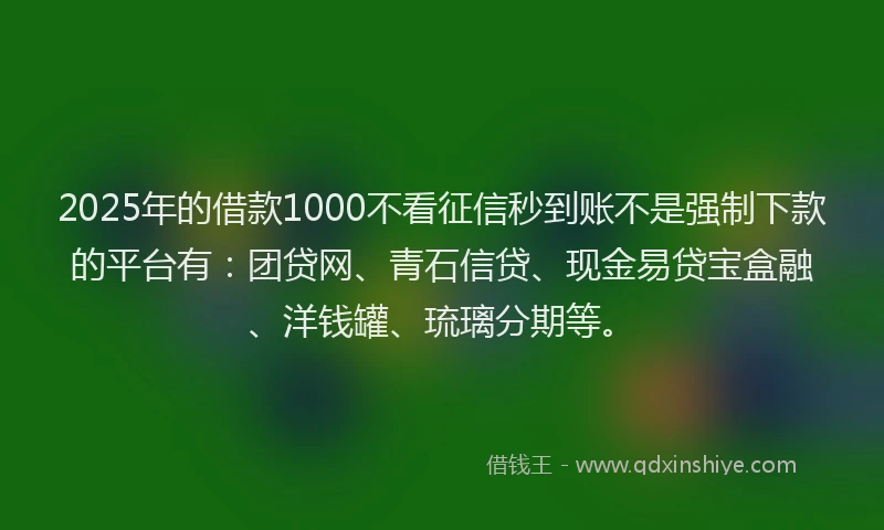 2025年的借款1000不看征信秒到账不是强制下款的平台有：团贷网、青石信贷、现金易贷宝盒融、洋钱罐、琉璃分期等。
