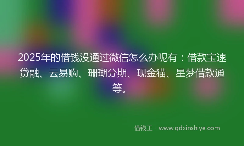2025年的借钱没通过微信怎么办呢有：借款宝速贷融、云易购、珊瑚分期、现金猫、星梦借款通等。