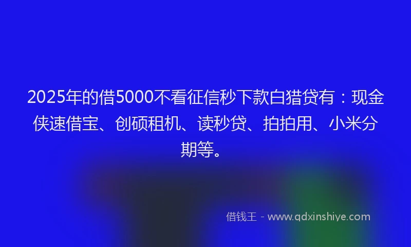 2025年的借5000不看征信秒下款白猎贷有：现金侠速借宝、创硕租机、读秒贷、拍拍用、小米分期等。