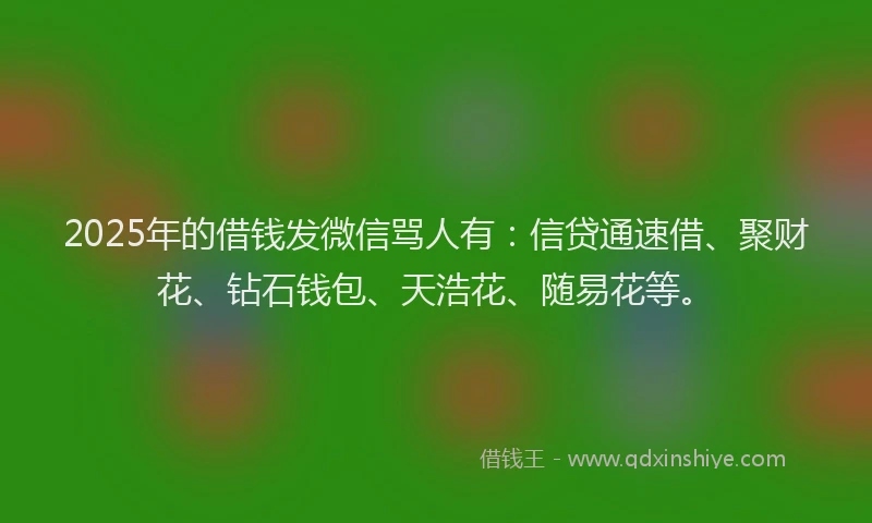 2025年的借钱发微信骂人有：信贷通速借、聚财花、钻石钱包、天浩花、随易花等。