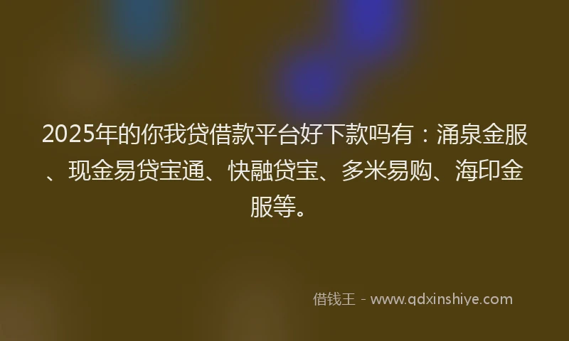 2025年的你我贷借款平台好下款吗有：涌泉金服、现金易贷宝通、快融贷宝、多米易购、海印金服等。