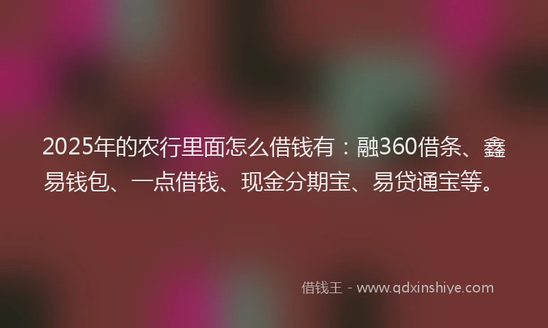 2025年的农行里面怎么借钱有：融360借条、鑫易钱包、一点借钱、现金分期宝、易贷通宝等。