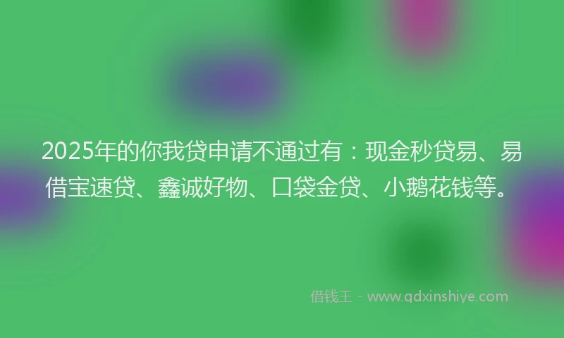 2025年的你我贷申请不通过有：现金秒贷易、易借宝速贷、鑫诚好物、口袋金贷、小鹅花钱等。