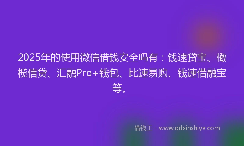 2025年的使用微信借钱安全吗有：钱速贷宝、橄榄信贷、汇融Pro+钱包、比速易购、钱速借融宝等。
