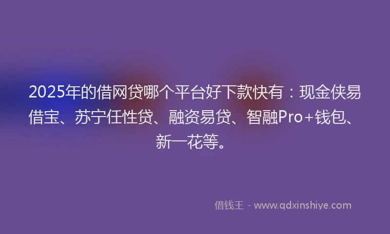 2025年的借网贷哪个平台好下款快有：现金侠易借宝、苏宁任性贷、融资易贷、智融Pro+钱包、新一花等。