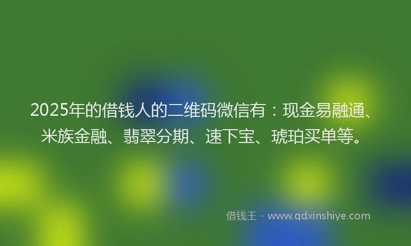 2025年的借钱人的二维码微信有：现金易融通、米族金融、翡翠分期、速下宝、琥珀买单等。