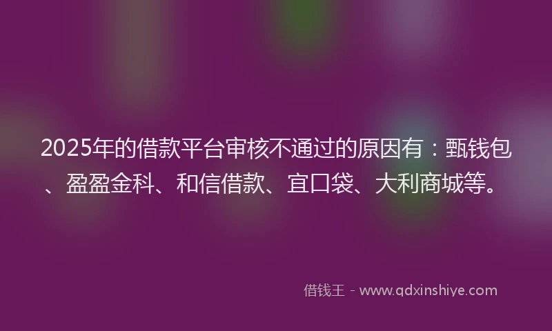 2025年的借款平台审核不通过的原因有：甄钱包、盈盈金科、和信借款、宜口袋、大利商城等。