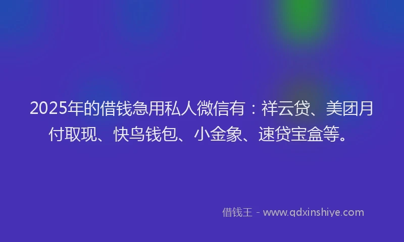 2025年的借钱急用私人微信有：祥云贷、美团月付取现、快鸟钱包、小金象、速贷宝盒等。