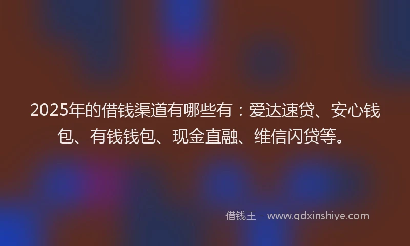 2025年的借钱渠道有哪些有：爱达速贷、安心钱包、有钱钱包、现金直融、维信闪贷等。