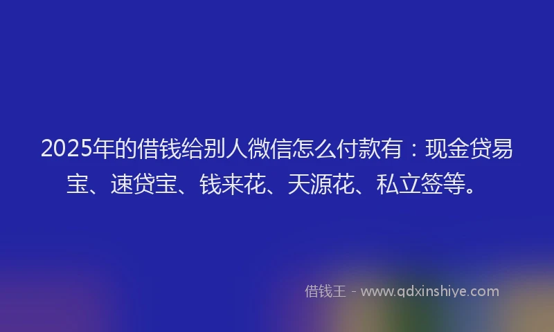 2025年的借钱给别人微信怎么付款有：现金贷易宝、速贷宝、钱来花、天源花、私立签等。