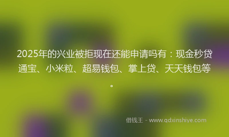 2025年的兴业被拒现在还能申请吗有：现金秒贷通宝、小米粒、超易钱包、掌上贷、天天钱包等。