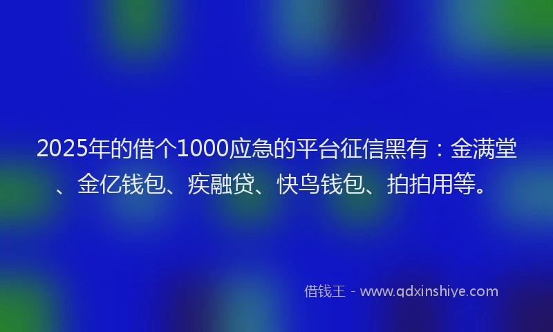 2025年的借个1000应急的平台征信黑有：金满堂、金亿钱包、疾融贷、快鸟钱包、拍拍用等。