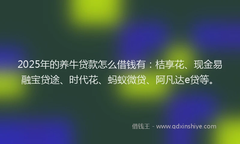 2025年的养牛贷款怎么借钱有：桔享花、现金易融宝贷途、时代花、蚂蚁微贷、阿凡达e贷等。