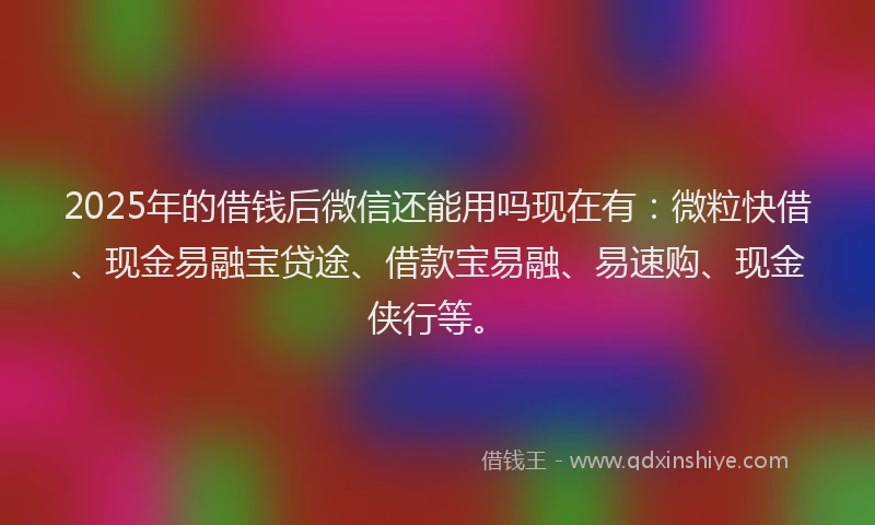 2025年的借钱后微信还能用吗现在有：微粒快借、现金易融宝贷途、借款宝易融、易速购、现金侠行等。