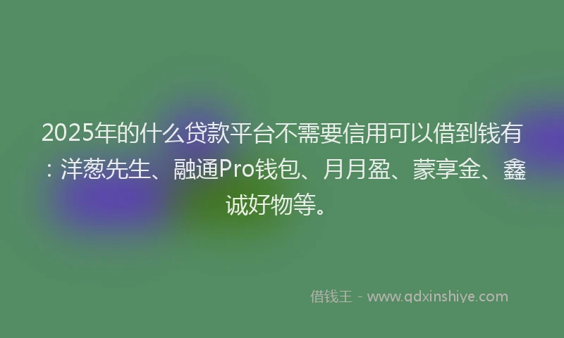 2025年的什么贷款平台不需要信用可以借到钱有：洋葱先生、融通Pro钱包、月月盈、蒙享金、鑫诚好物等。