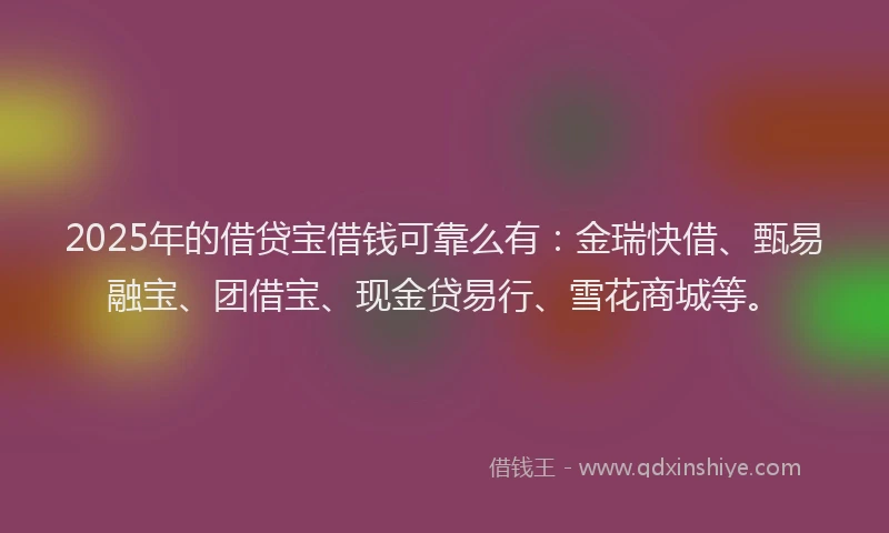 2025年的借贷宝借钱可靠么有：金瑞快借、甄易融宝、团借宝、现金贷易行、雪花商城等。