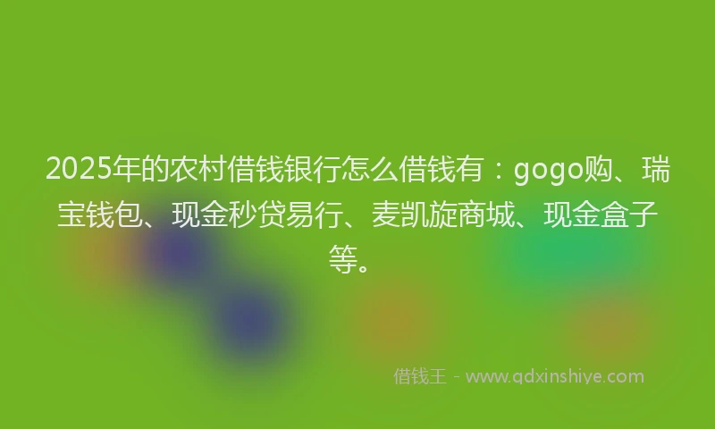 2025年的农村借钱银行怎么借钱有：gogo购、瑞宝钱包、现金秒贷易行、麦凯旋商城、现金盒子等。