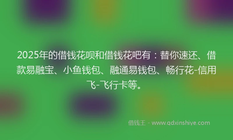 2025年的借钱花呗和借钱花吧有：替你速还、借款易融宝、小鱼钱包、融通易钱包、畅行花-信用飞-飞行卡等。