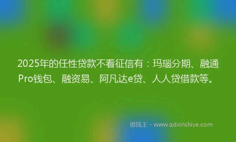 2025年的任性贷款不看征信有：玛瑙分期、融通Pro钱包、融资易、阿凡达e贷、人人贷借款等。