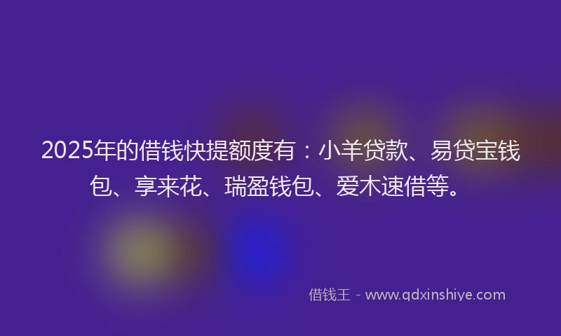 2025年的借钱快提额度有：小羊贷款、易贷宝钱包、享来花、瑞盈钱包、爱木速借等。