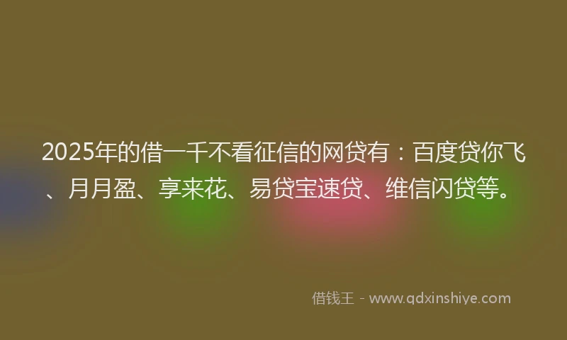 2025年的借一千不看征信的网贷有：百度贷你飞、月月盈、享来花、易贷宝速贷、维信闪贷等。