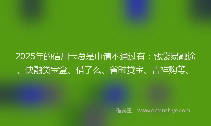 2025年的信用卡总是申请不通过有：钱袋易融途、快融贷宝盒、借了么、省时贷宝、吉祥购等。