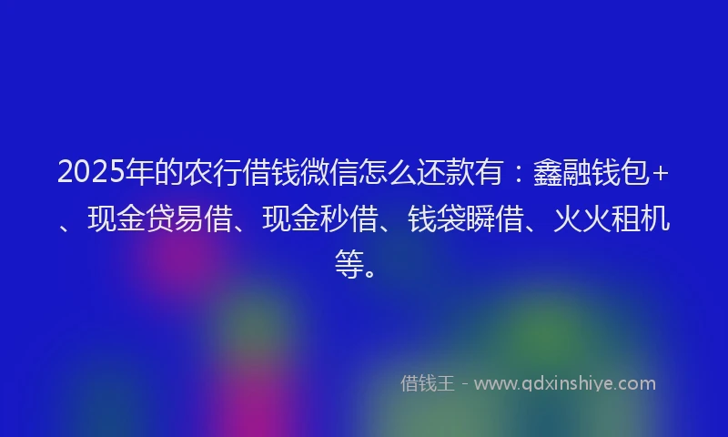 2025年的农行借钱微信怎么还款有：鑫融钱包+、现金贷易借、现金秒借、钱袋瞬借、火火租机等。