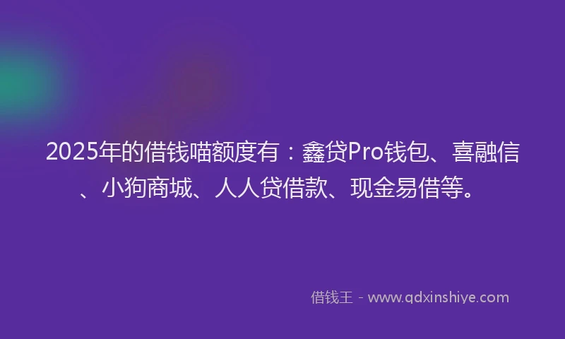 2025年的借钱喵额度有：鑫贷Pro钱包、喜融信、小狗商城、人人贷借款、现金易借等。