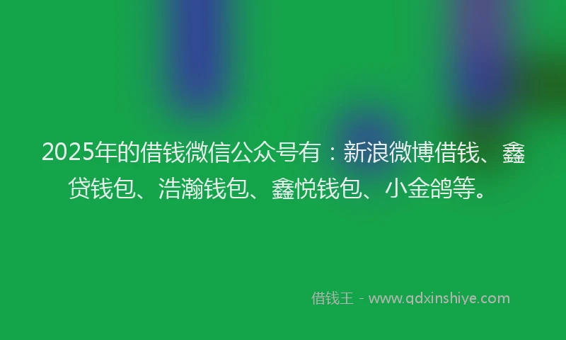 2025年的借钱微信公众号有：新浪微博借钱、鑫贷钱包、浩瀚钱包、鑫悦钱包、小金鸽等。