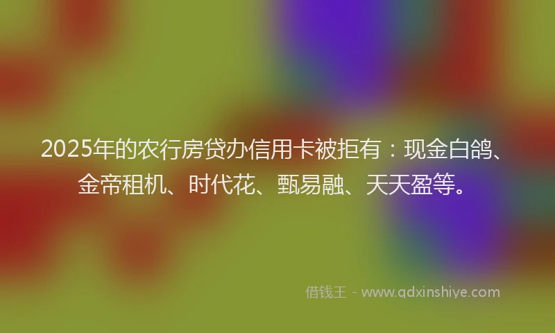 2025年的农行房贷办信用卡被拒有：现金白鸽、金帝租机、时代花、甄易融、天天盈等。