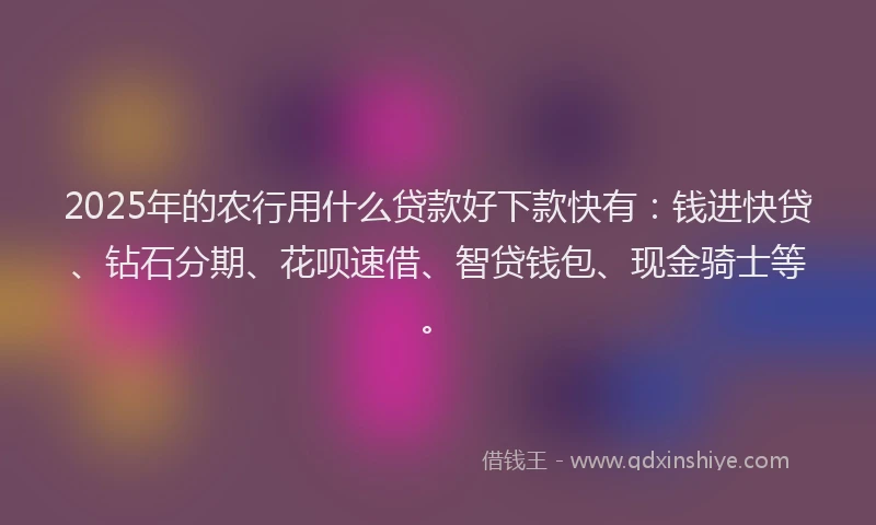2025年的农行用什么贷款好下款快有：钱进快贷、钻石分期、花呗速借、智贷钱包、现金骑士等。
