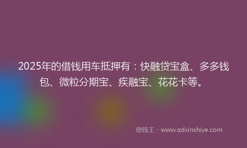 2025年的借钱用车抵押有：快融贷宝盒、多多钱包、微粒分期宝、疾融宝、花花卡等。